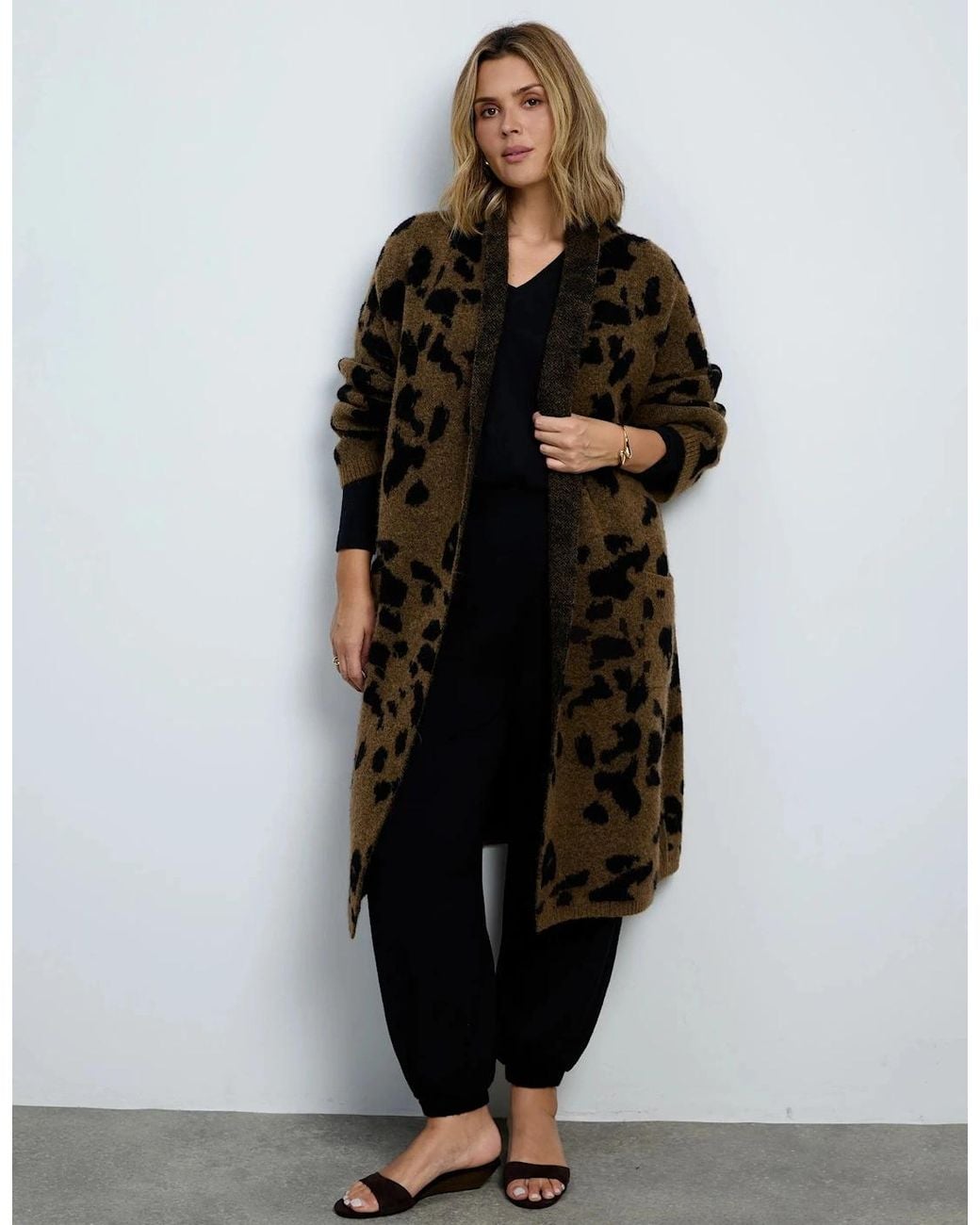 Live Unlimited London Brown Animal Alpaca Blend Coatigan With Patch Pockets