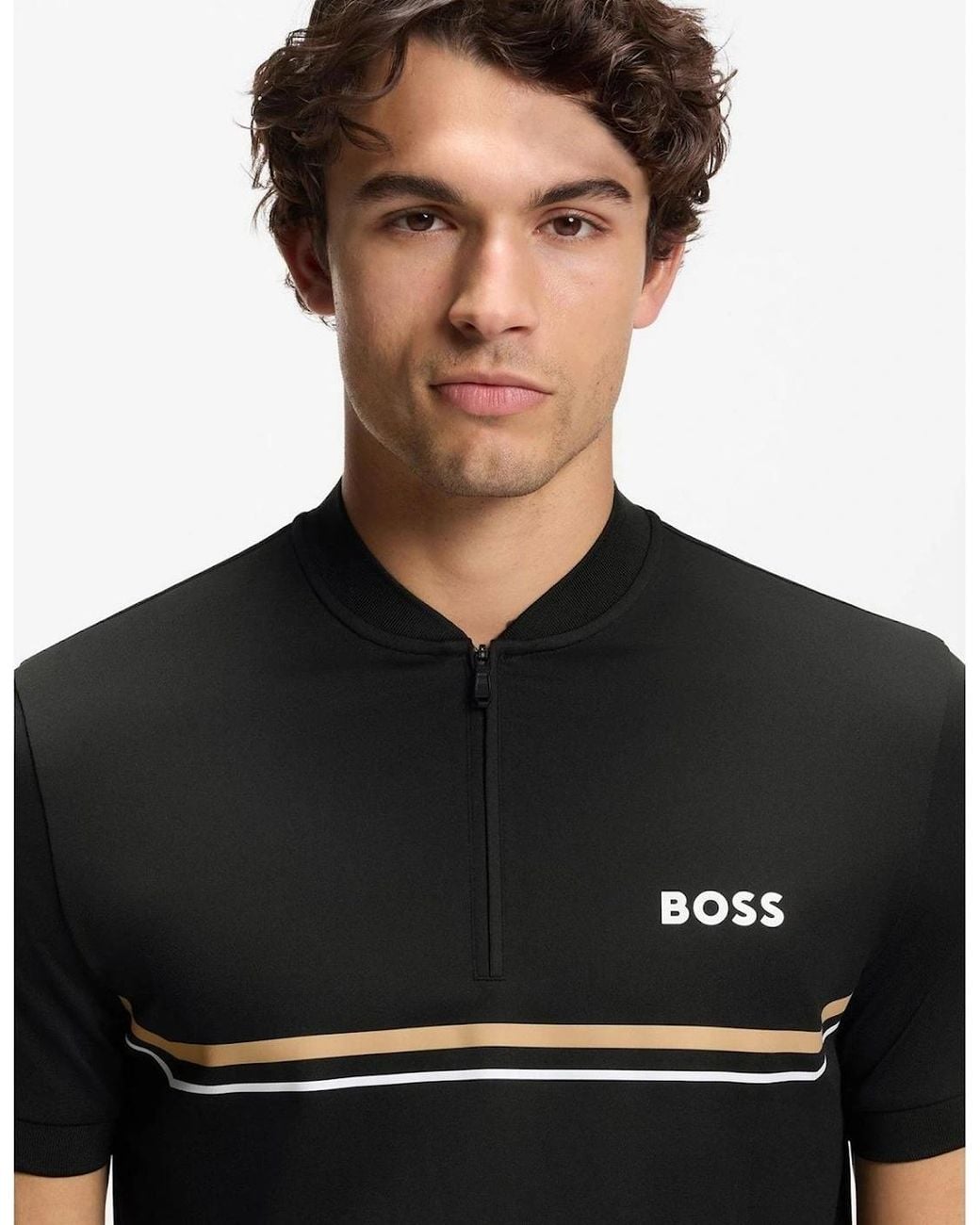 Boss Black Wordmark Graphic Zip Neck Band Collar Slim Fit Polo T-Shirt for men