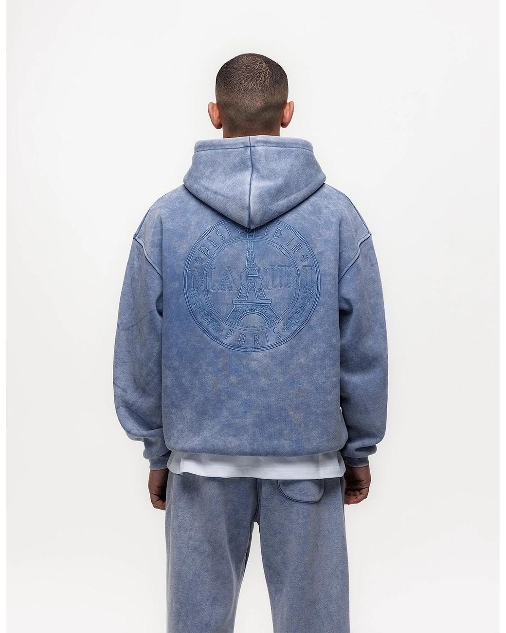 Magrit Blue Embroidered Acid Wash Hoodie & Jogger Tracksuit for men