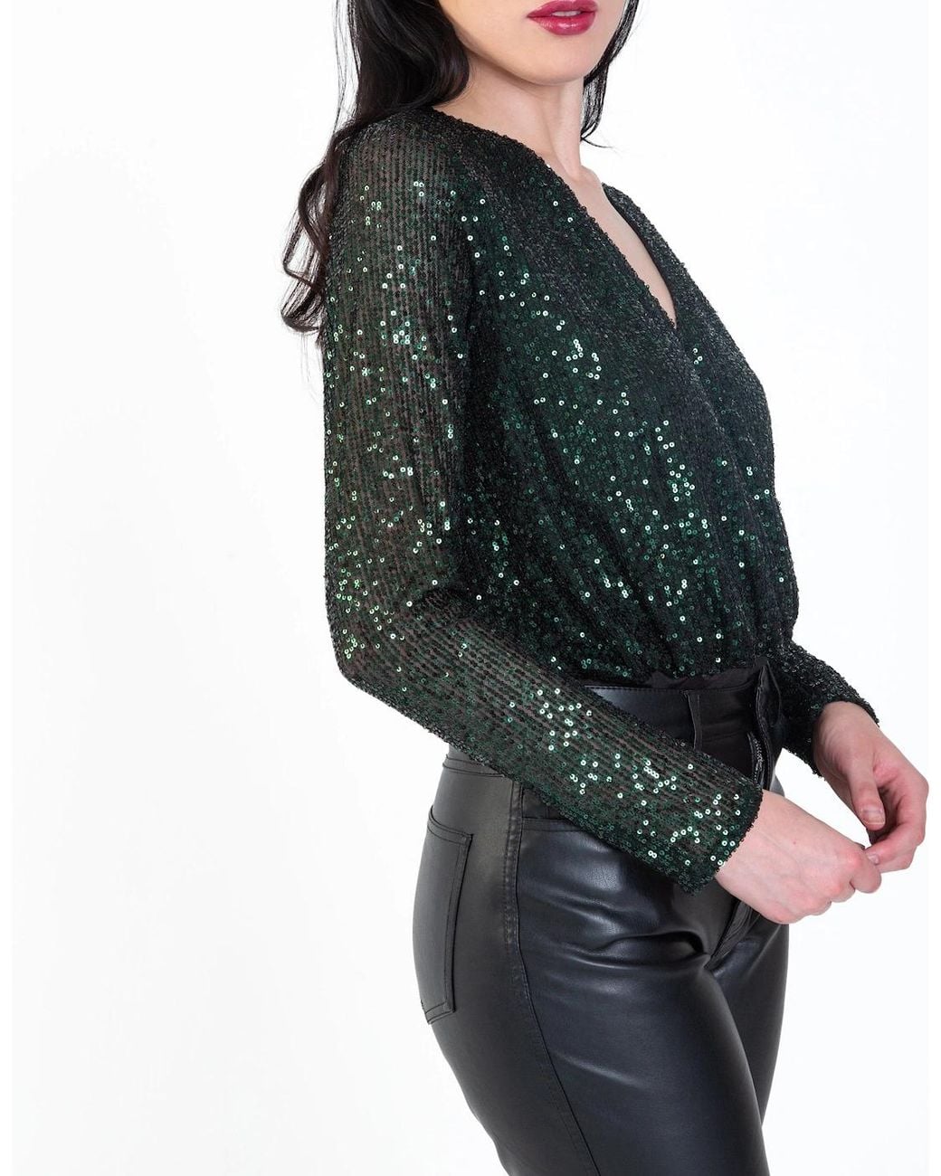 Gini London Black Sequin Wrap Long Sleeves Bodysuit
