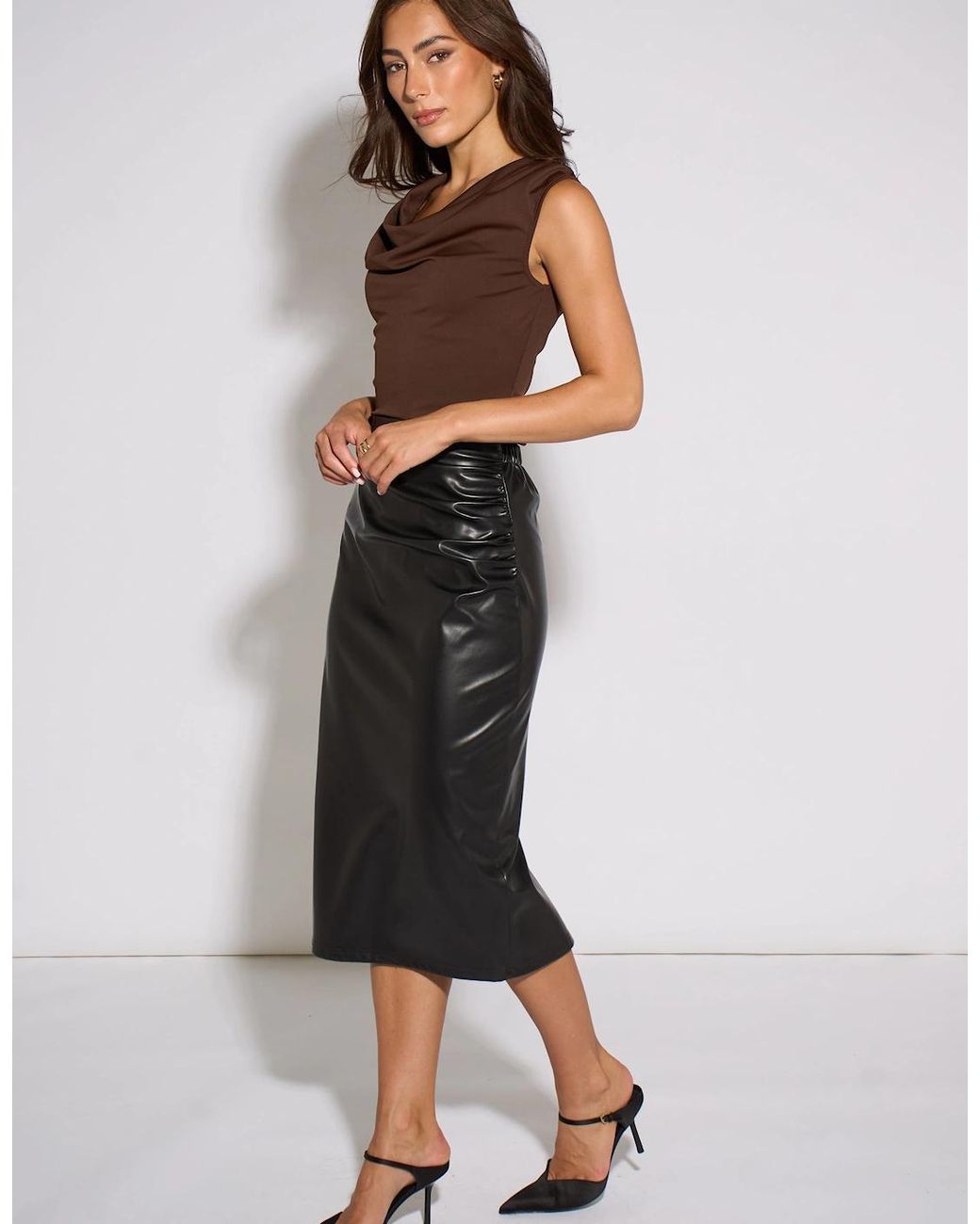 Gini London Black Faux Leather Ruched Side Pencil Skirt