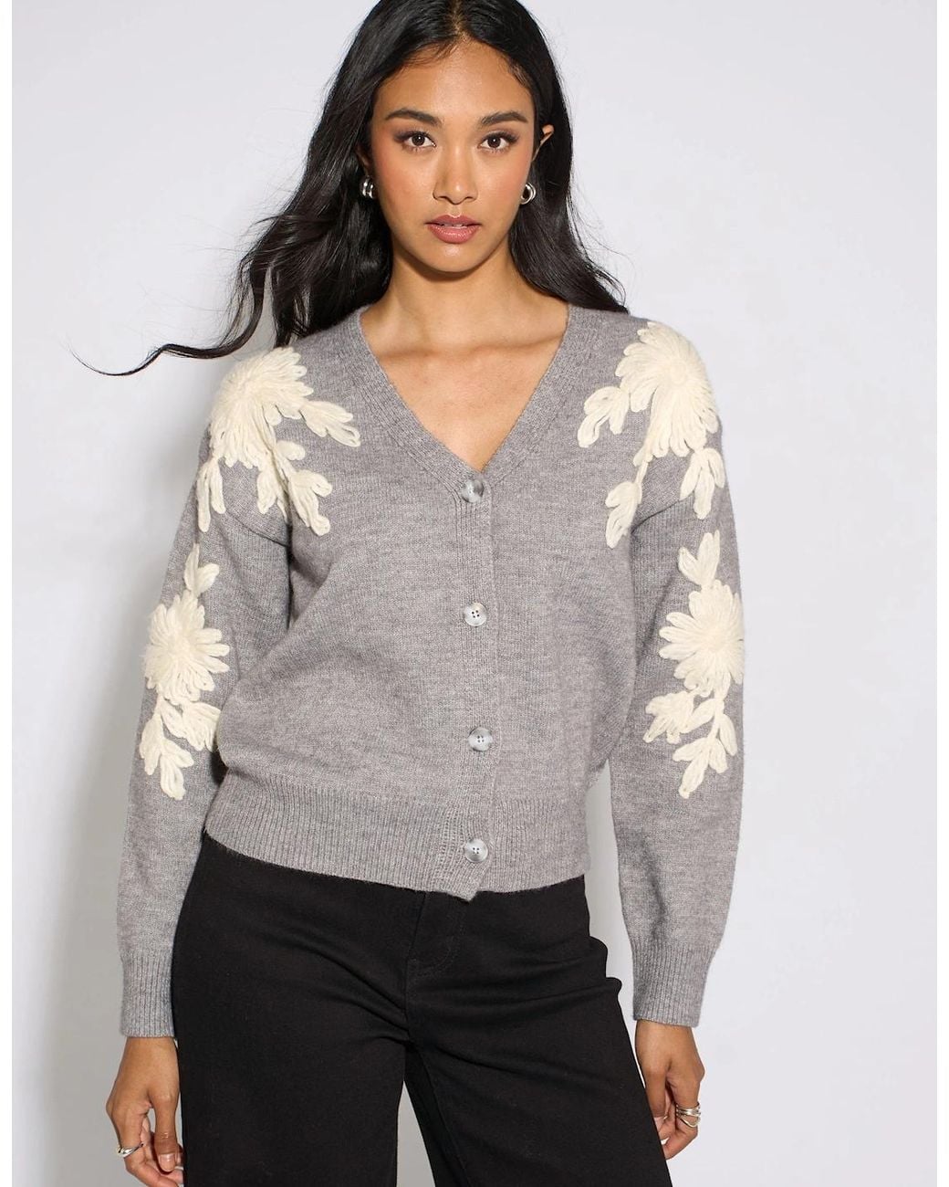 Gini London Gray Marl Floral Applique Button Front Cardigan