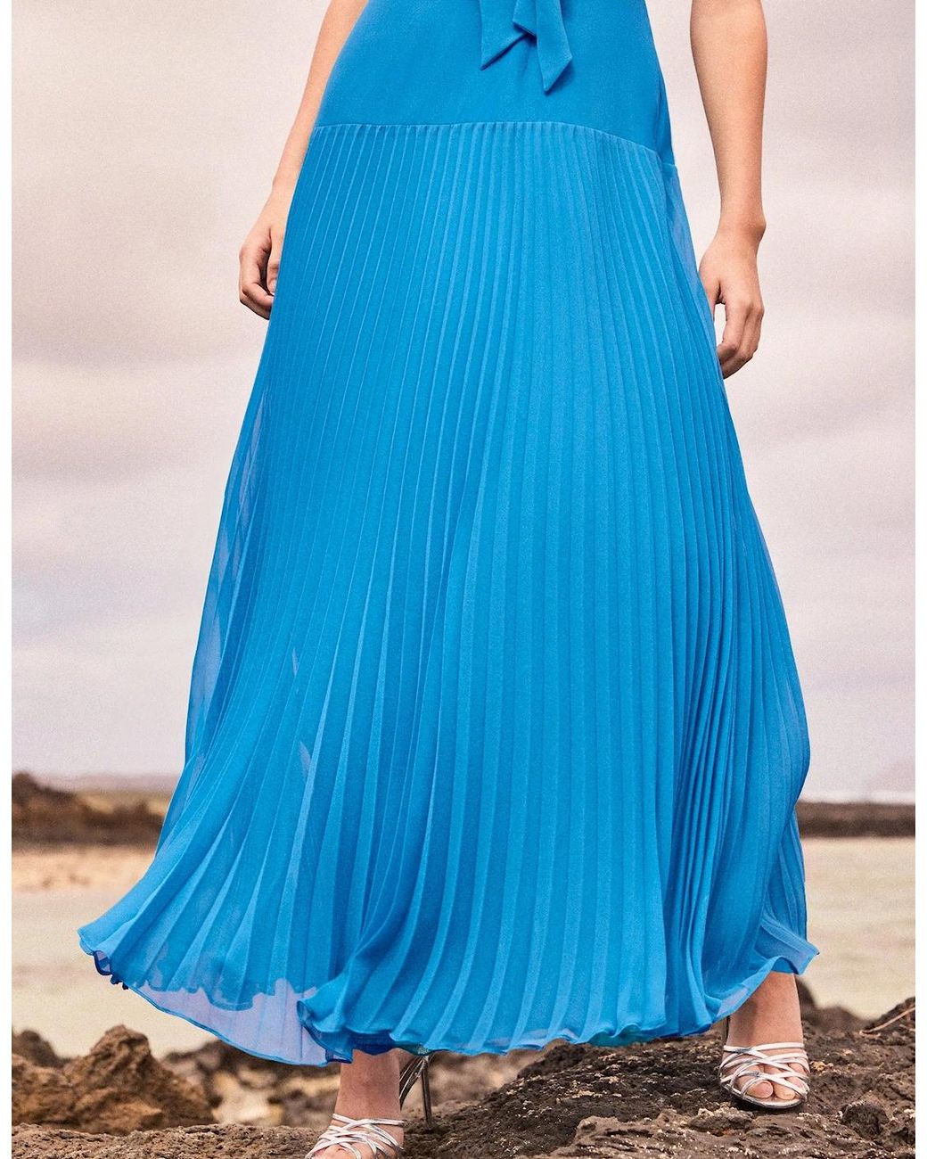 Ro&zo Blue Petite Vivian Pleated Drop-Waist Dress With Scarf
