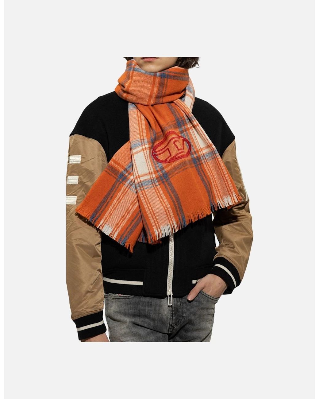 DIESEL Orange S-Ferdie Scarf Check Mufflers Wool Neck for men