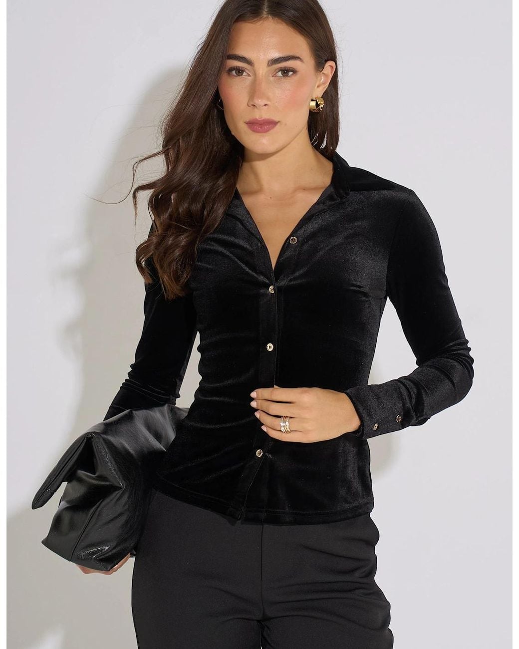 Gini London Black Velour Button Front Shirt