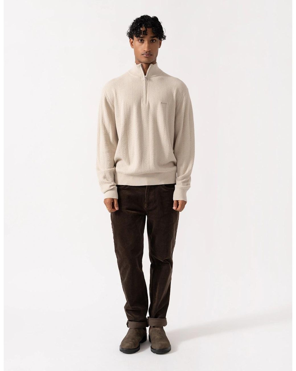 Gant Natural Herringbone Texture Half Zip Sweater for men