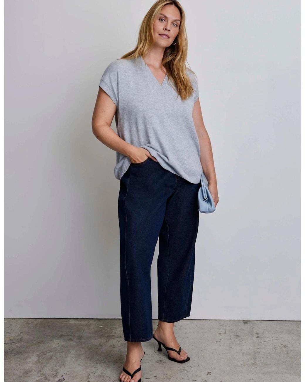 Live Unlimited London Blue Wool Blend Relaxed V-Neck Top