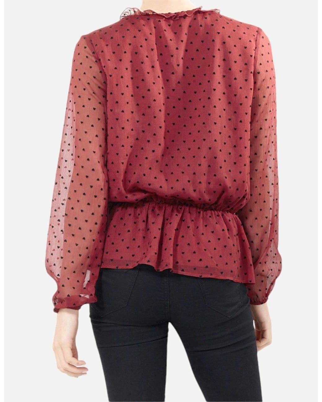Brave Soul Red Heart Tops Long Sleeve V Neck Ladies Ruffle Casual Blouse Tee