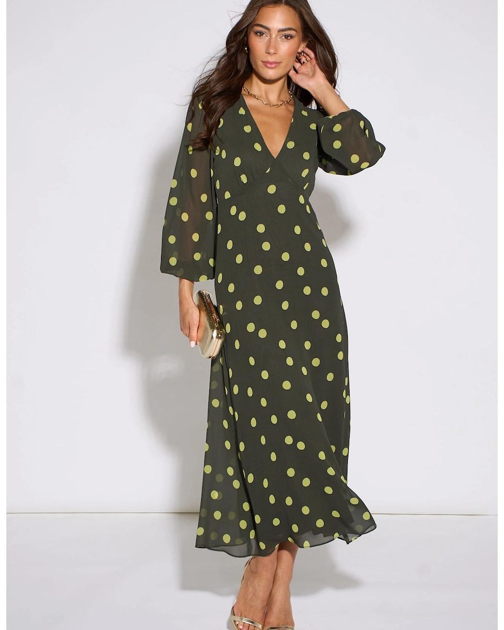 Gini London Green Lime Spot V Neck Midi Dress