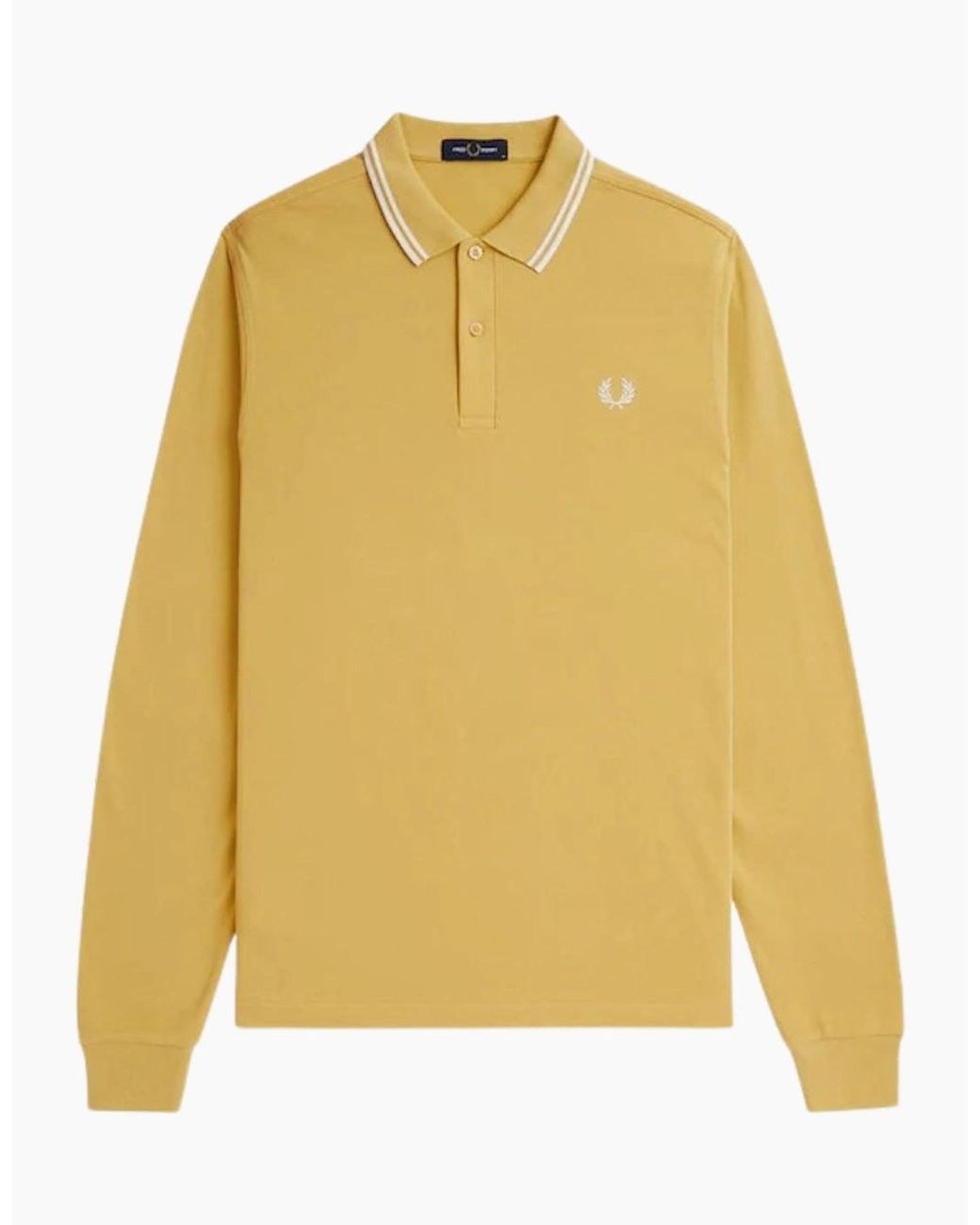 Fred Perry Yellow Twin Tipped Collar Honeycomb Long Sleeve Polo Shirt for men