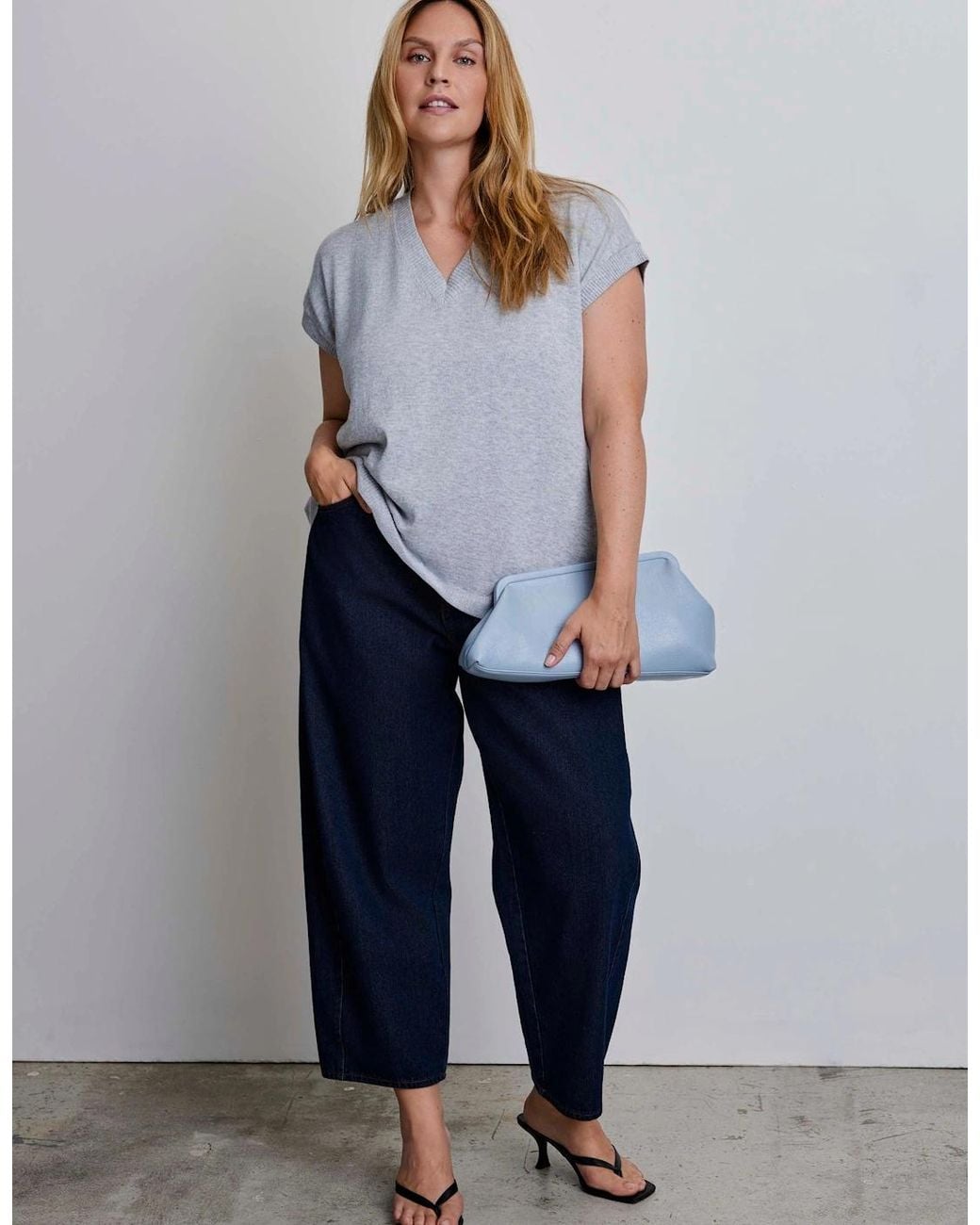 Live Unlimited London Blue Wool Blend Relaxed V-Neck Top