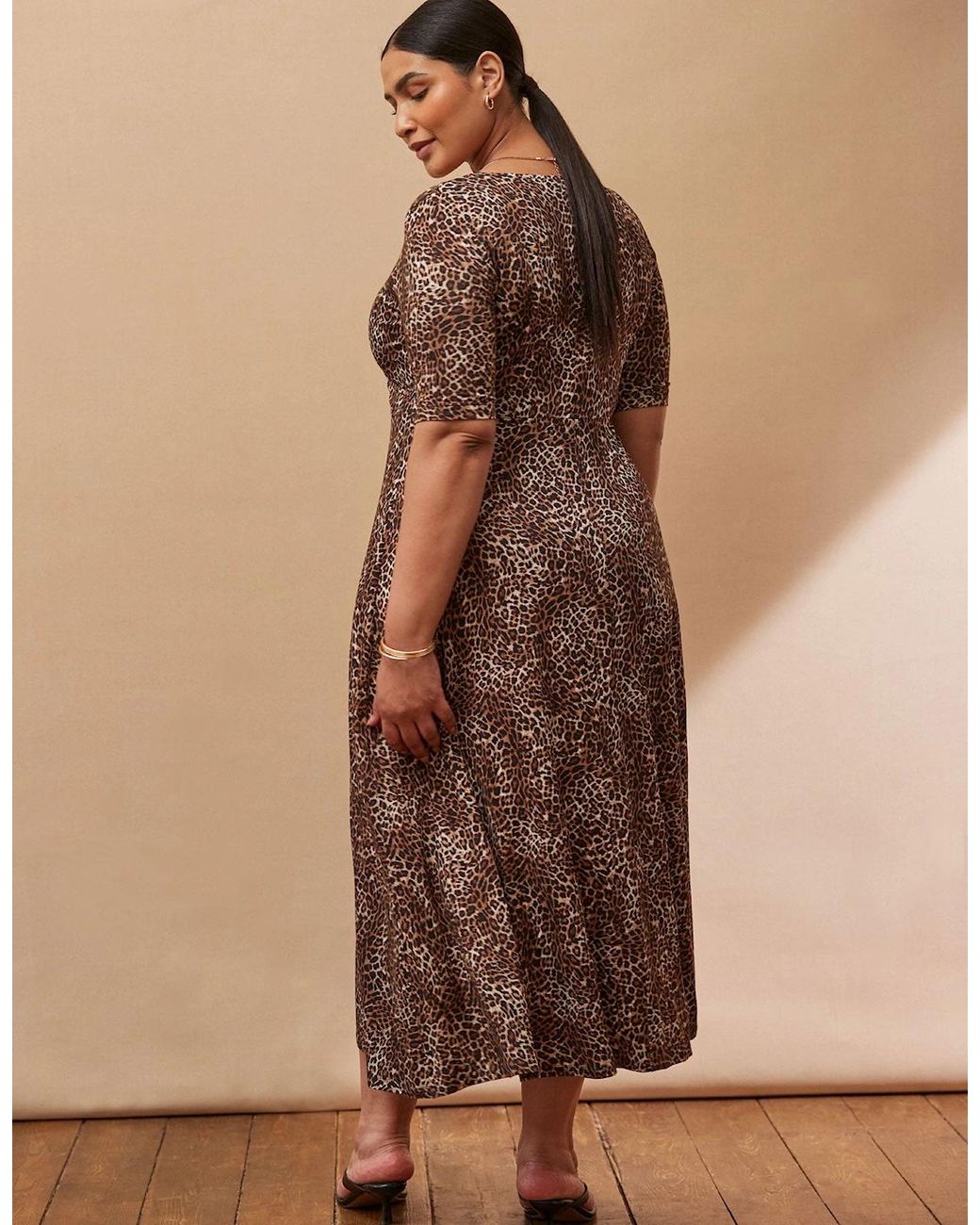 Live Unlimited London Brown Leopard Print Half Length Sleeve Wrap Dress