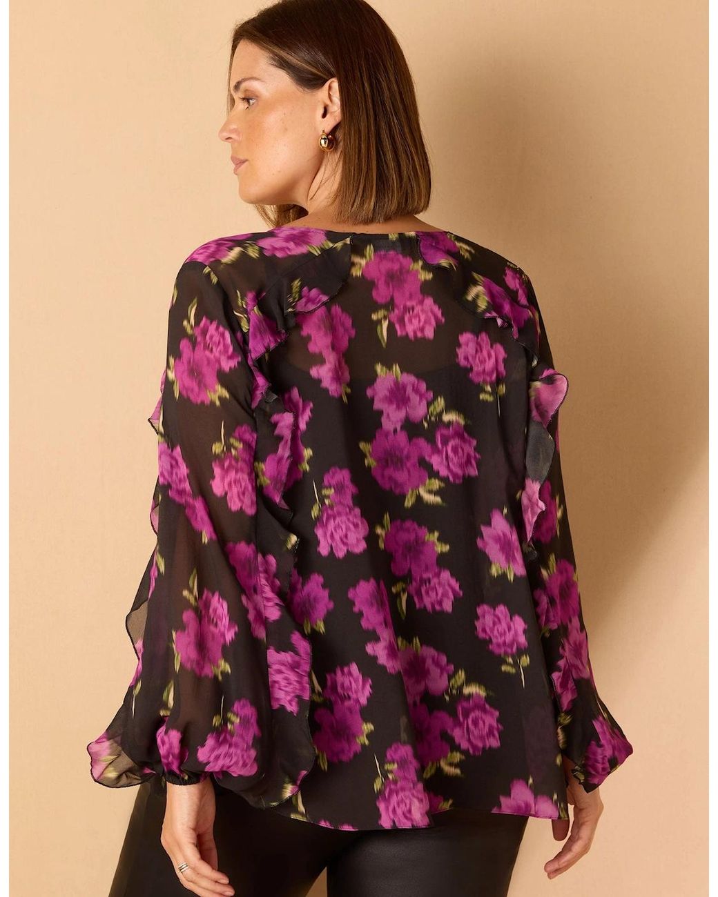 Live Unlimited London Purple Floral Print V Neck Ruffle Blouse