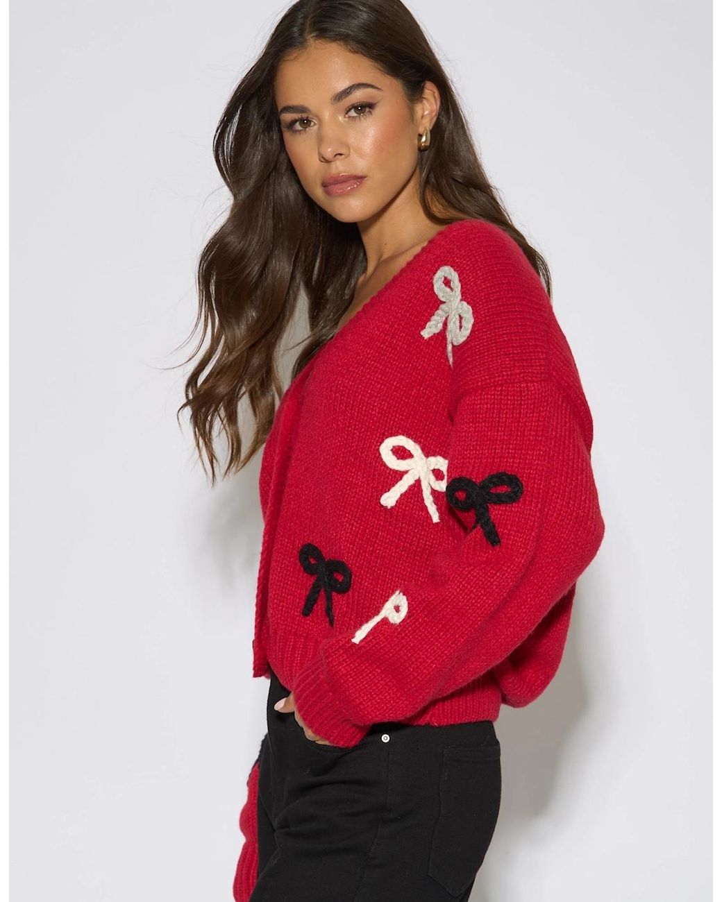 Gini London Red 3D Bow Long Sleeve Knit Cardigan
