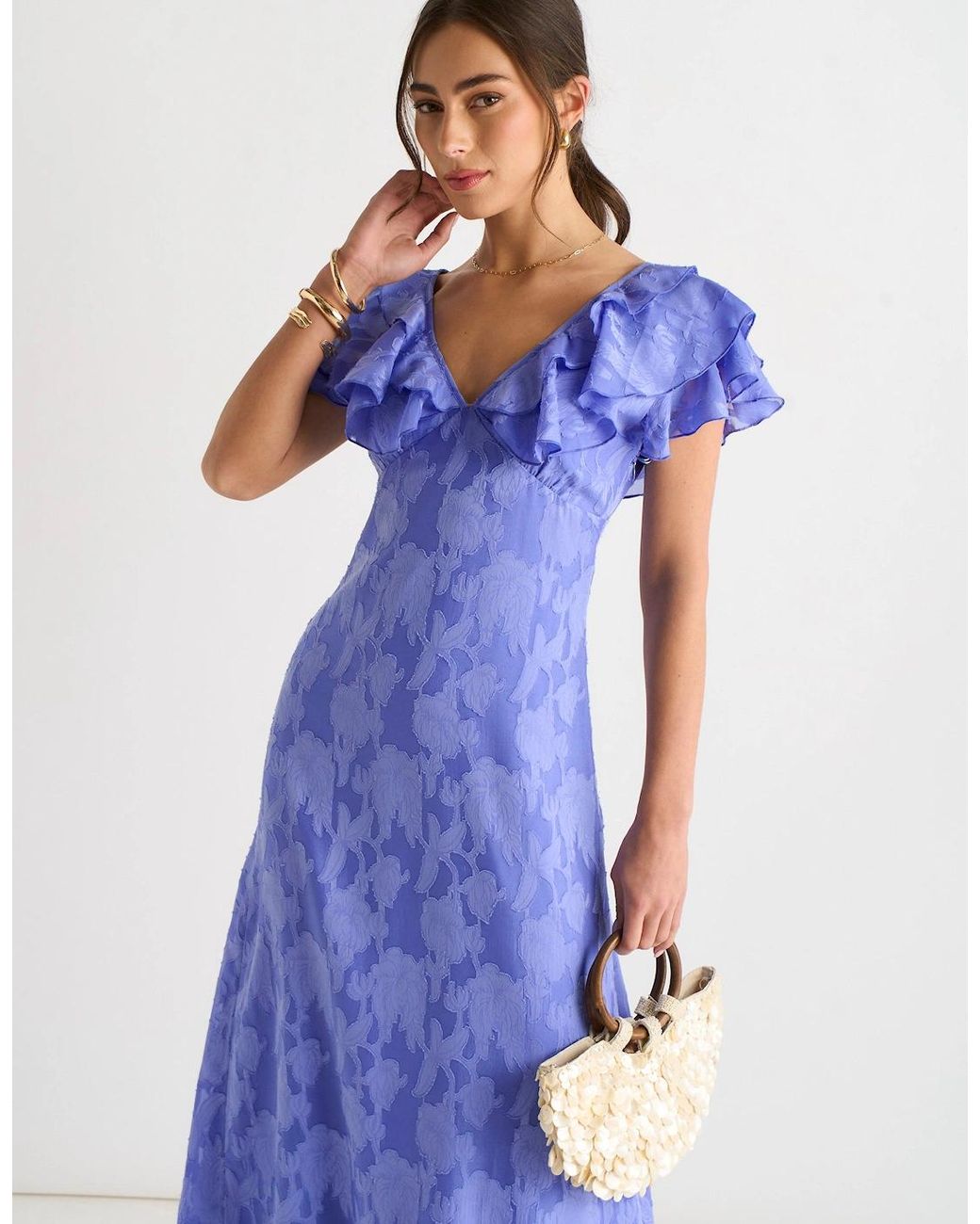 Gini London Blue Satin Jacquard Ruffle Maxi Dress