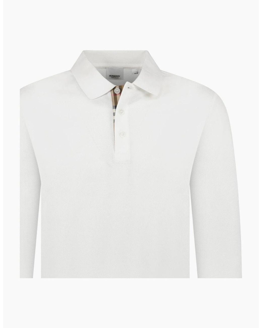 Burberry White 'Hartford' Long Sleeved Check Placket Polo-Shirt for men