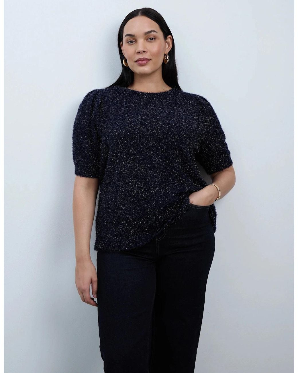 Live Unlimited London Blue Sparkle Knitted Short Sleeve Jumper