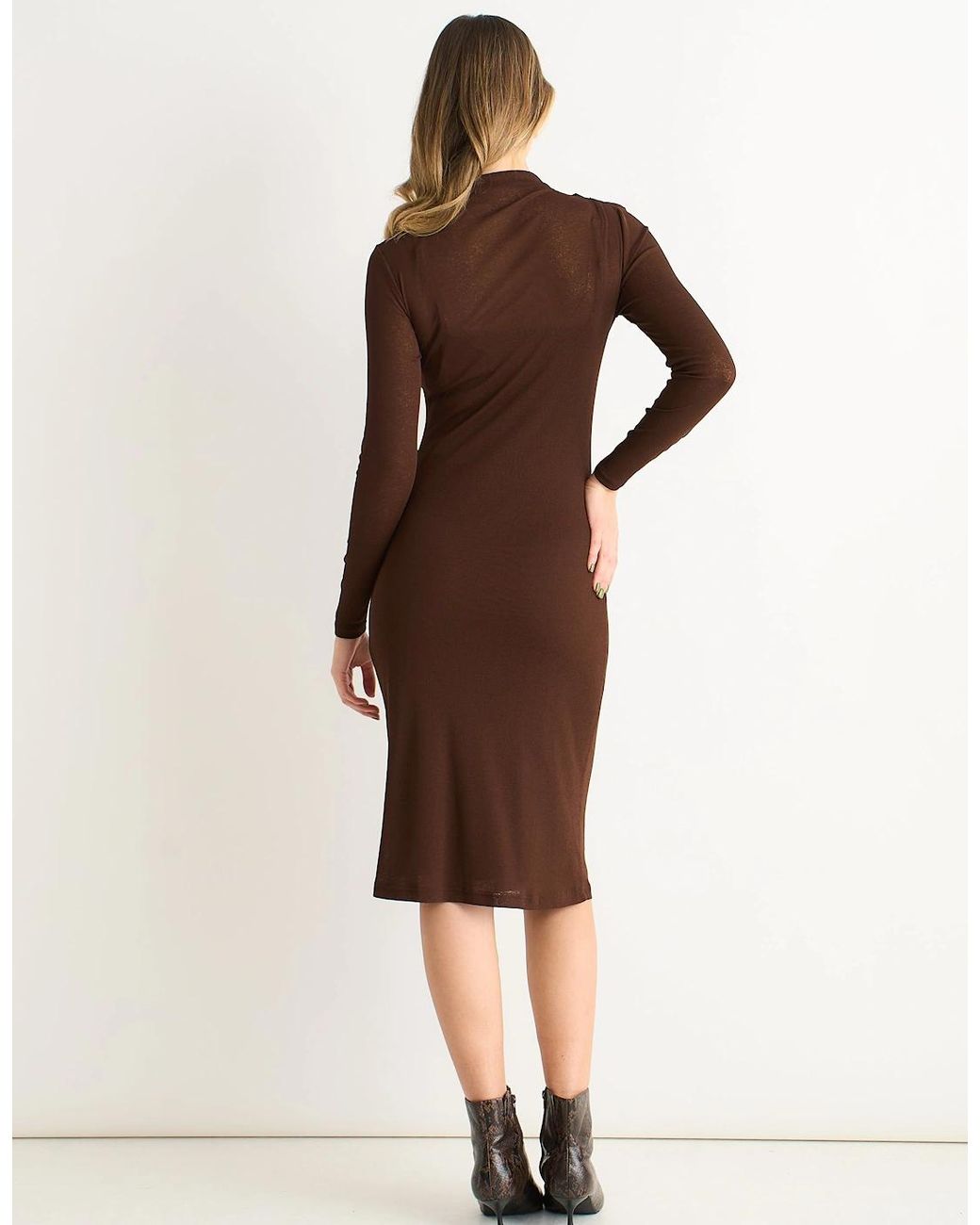 Gini London Brown Chocolate Ruched Jersey Long Sleeve Midi Dress