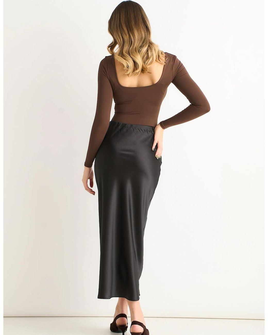 Gini London Black Satin Bias Cut Midi Skirt