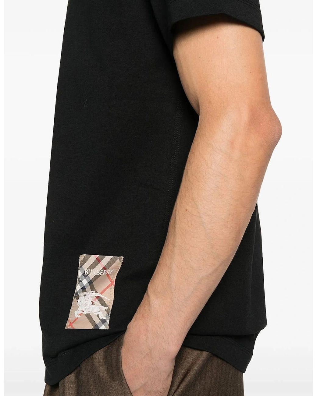 Burberry Black Check-Logo Patch Cotton T-Shirt for men