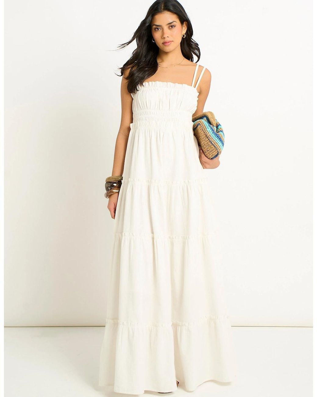 Gini London Natural Cotton Shirred Strappy Flare Maxi Dress