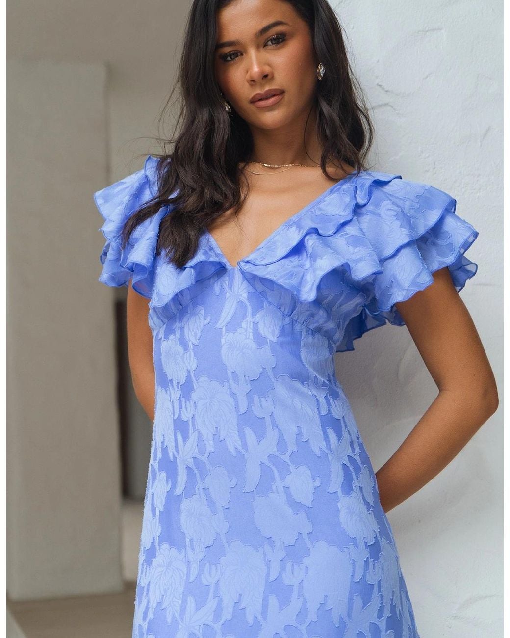 Gini London Blue Satin Jacquard Ruffle Maxi Dress