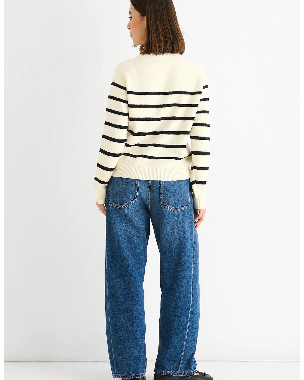 Gini London Blue Cream Recycle Mix Stripe Button Up Loose Fit Knit Jumper