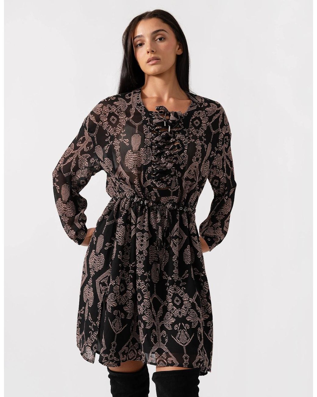 Maison Scotch Black Printed Sheer Lace Up Oversized Dress