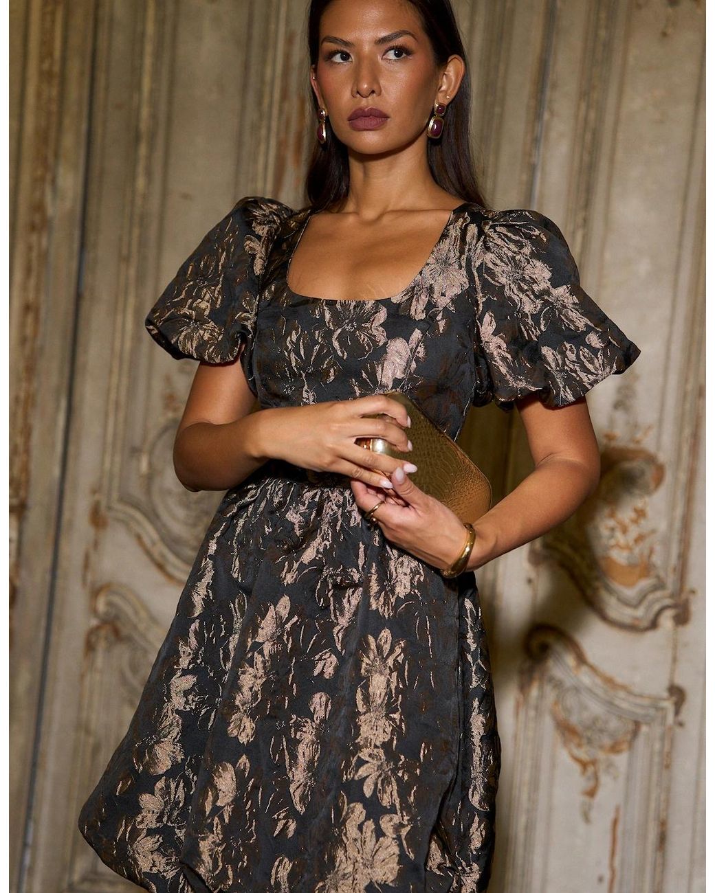 Gini London Brown Floral Jacquard Puff Ball Mini Dress
