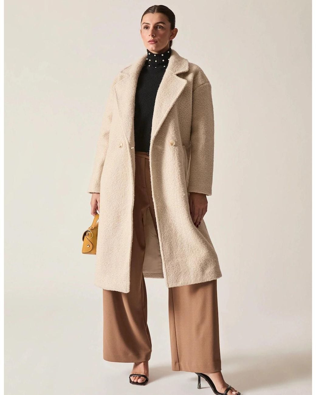James Lakeland Natural Cream Textured Double-Breasted Long Coat