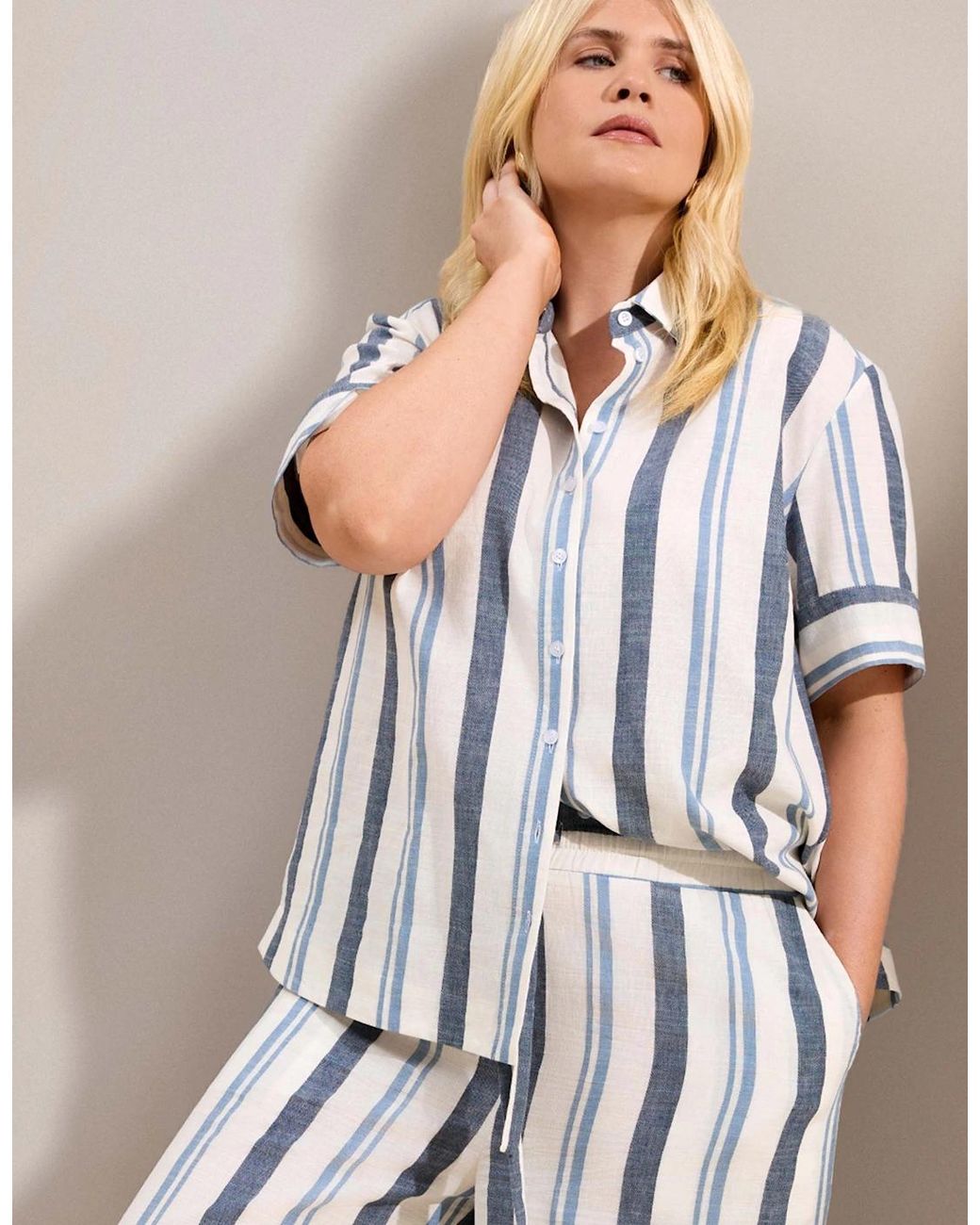 Live Unlimited London Blue Stripe Short Sleeve Linen Shirt