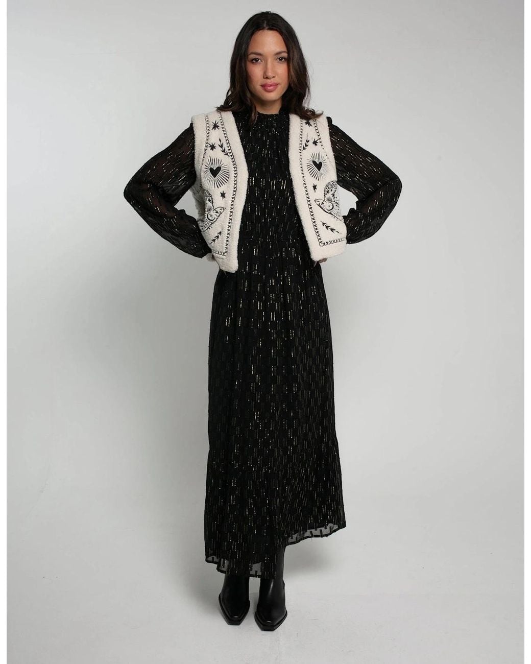 Nooki Design Blue Free Bird Embroidered Faux Shearling Gilet Cream