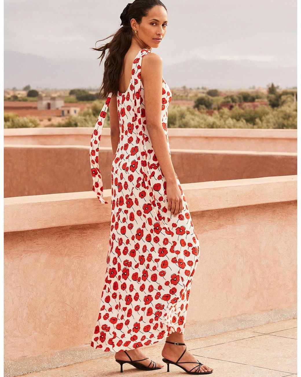 Ro&zo Red Ella Poppy-Print Scarf Detail Maxi Dress