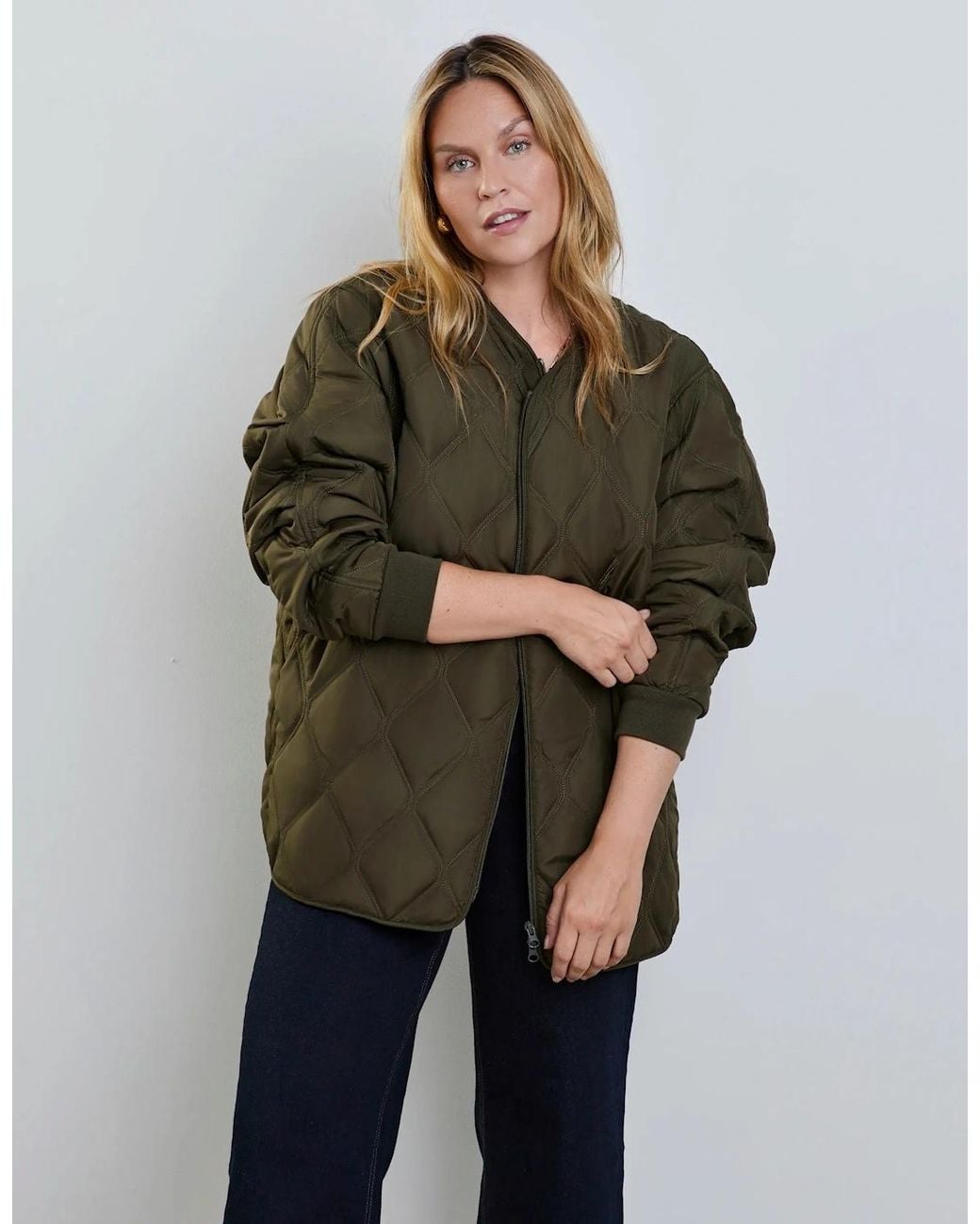 Live Unlimited London Green Khaki Quilted Bomber Jacket