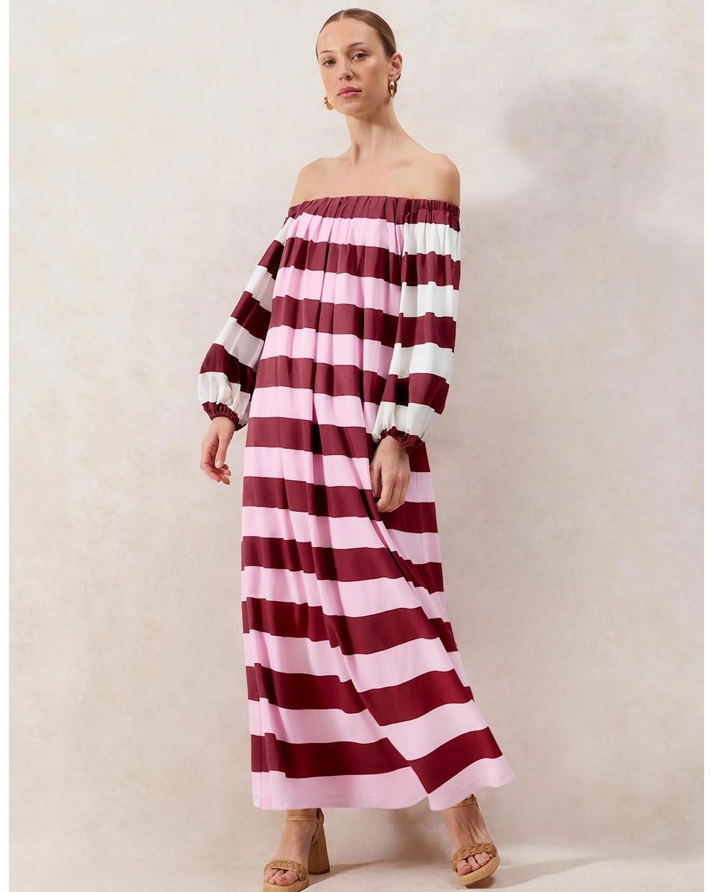Ro&zo Red Gigi Striped Bardot Maxi Dress