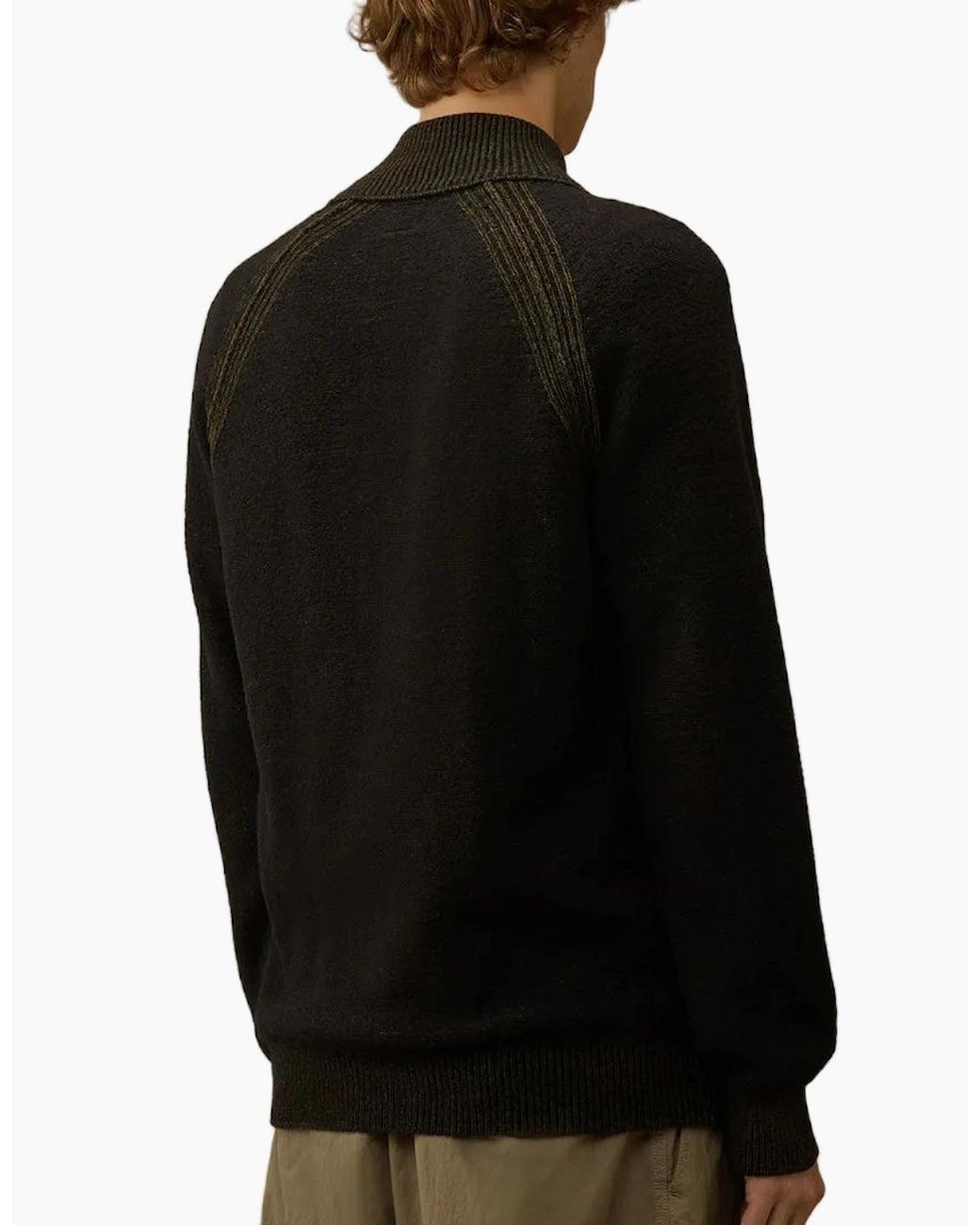 C P Company Black Polo Collar Quarter Zip Lens Fleece Knit for men