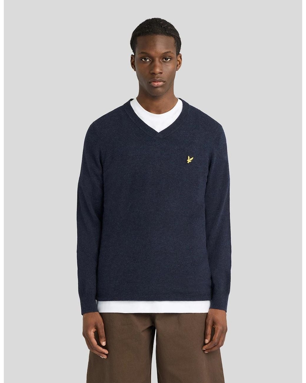 Lyle & Scott Blue Lambswool Blend V-Neck Jumper for men