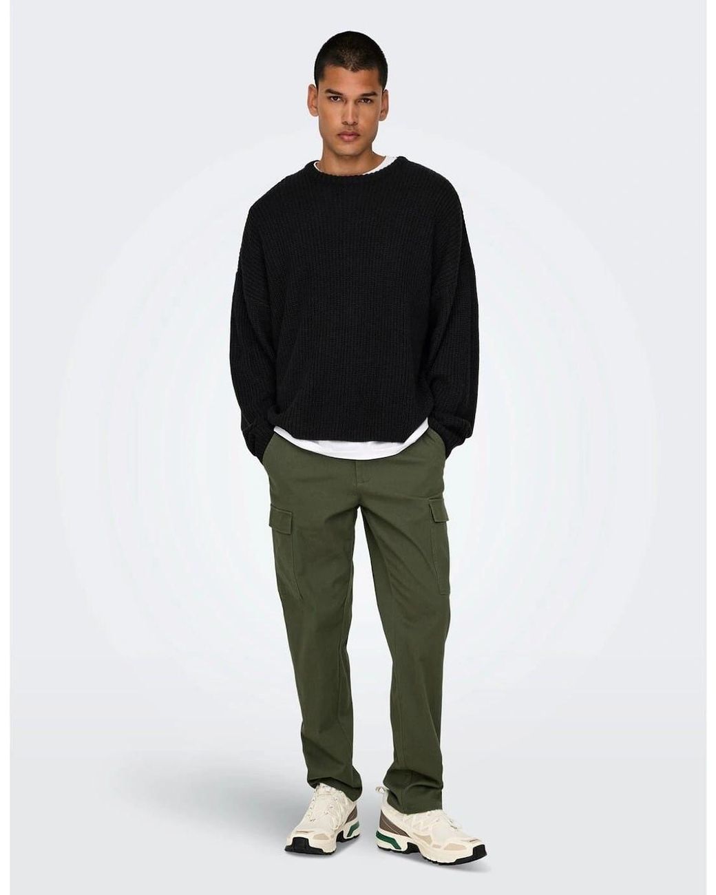 ONLY Black Solid Patterned Straight Cargo Pants for men