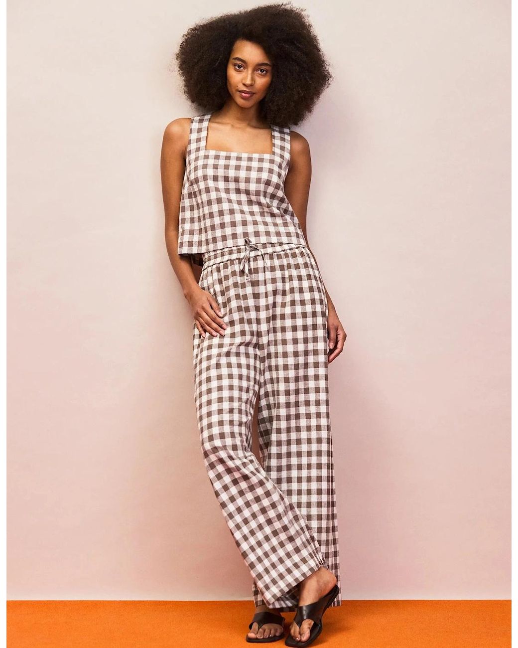 Ro&zo White Gingham Linen Blend Casual Trouser