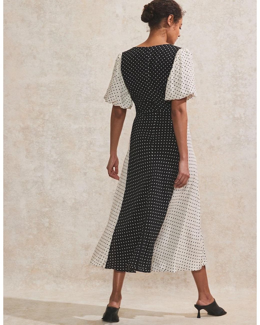 Ro&zo Natural Petite Mono Contrast Polka-Dot Midi Dress