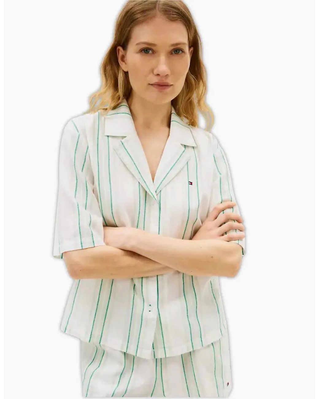 Tommy Hilfiger White Th Essentials Shirt & Shorts Line Pyjama Set, Tennis Court Stripe