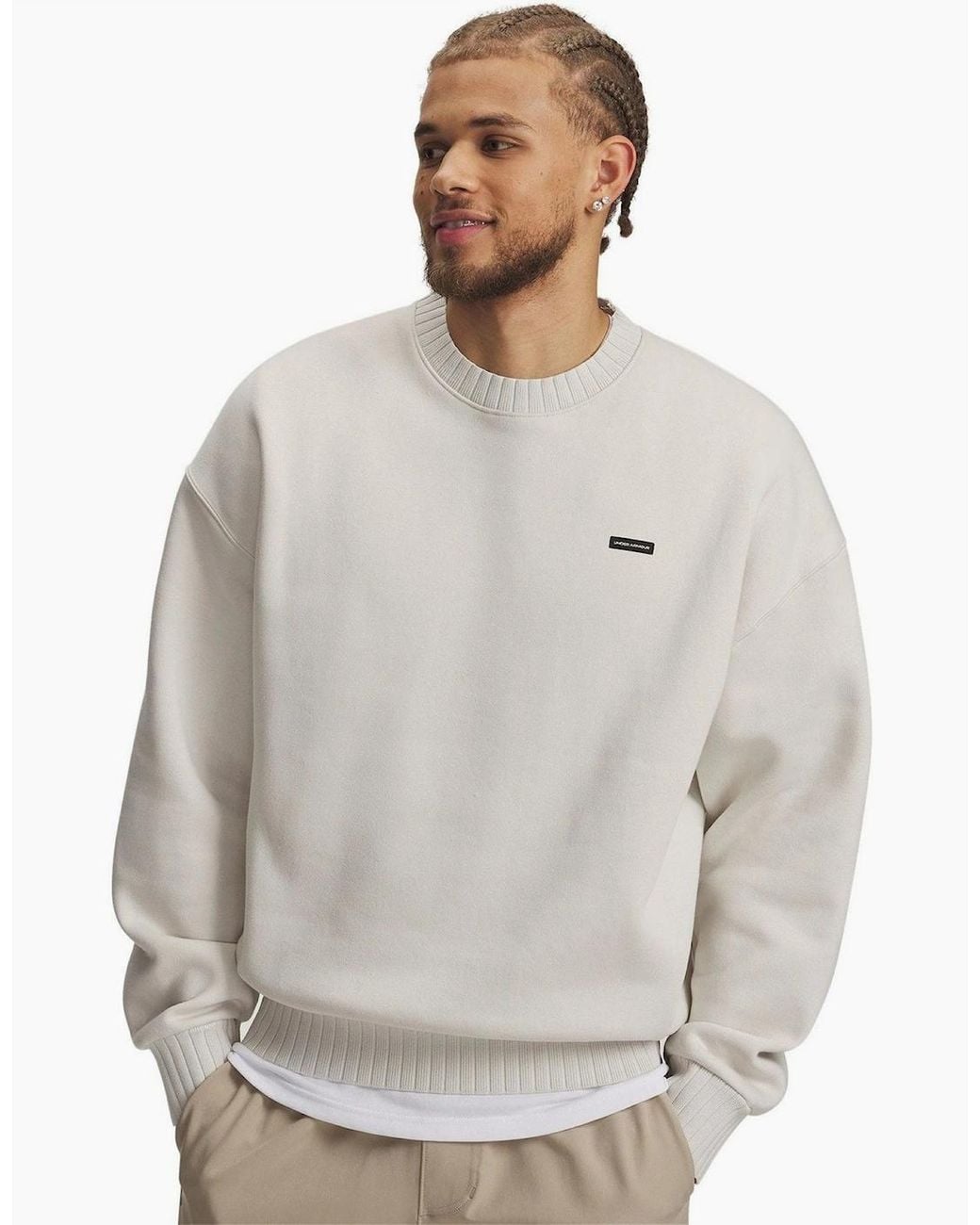 Under Armour Gray Icon Wordmark Crew Neck Ribbed Collar Oversize Sweatshirt for men