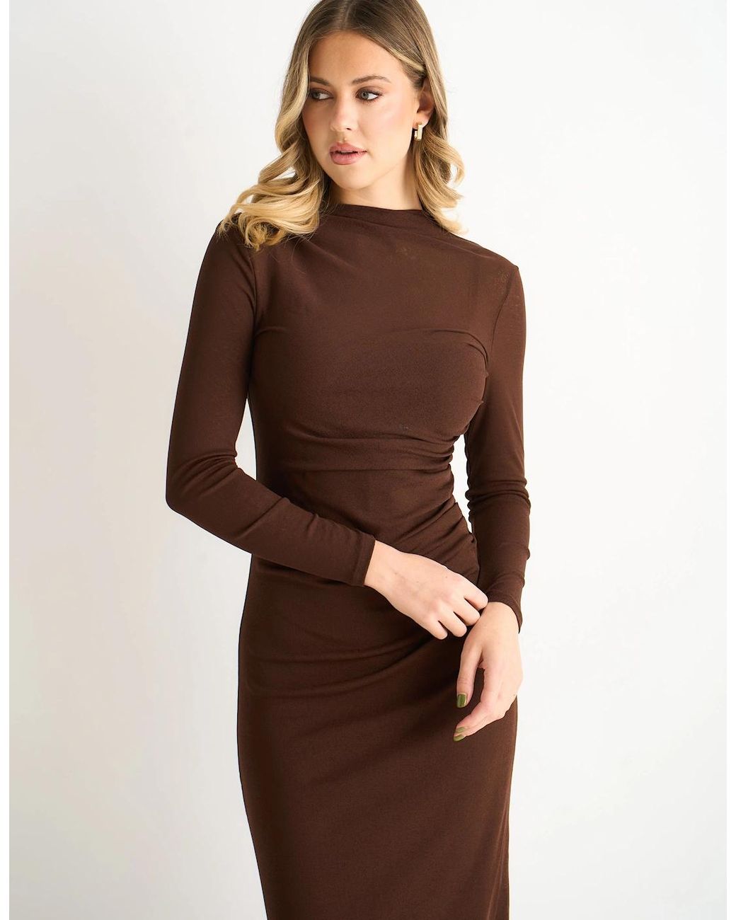 Gini London Brown Chocolate Ruched Jersey Long Sleeve Midi Dress