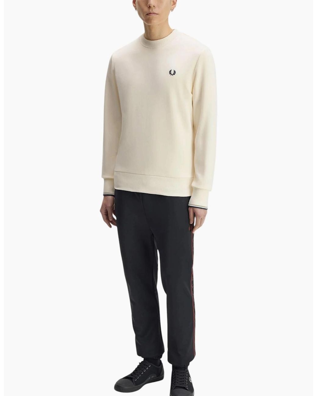 Fred Perry Natural Crew Neck Sweatshirt Embroidered Logo Pullover Cotton for men