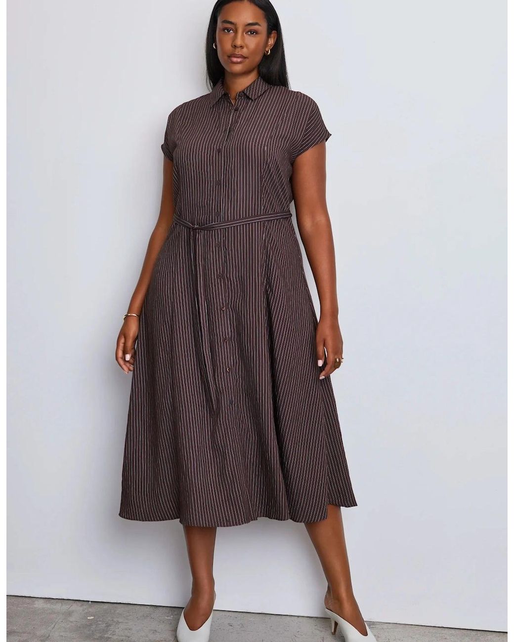 Live Unlimited London Brown Stripe Midaxi Shirt Dress