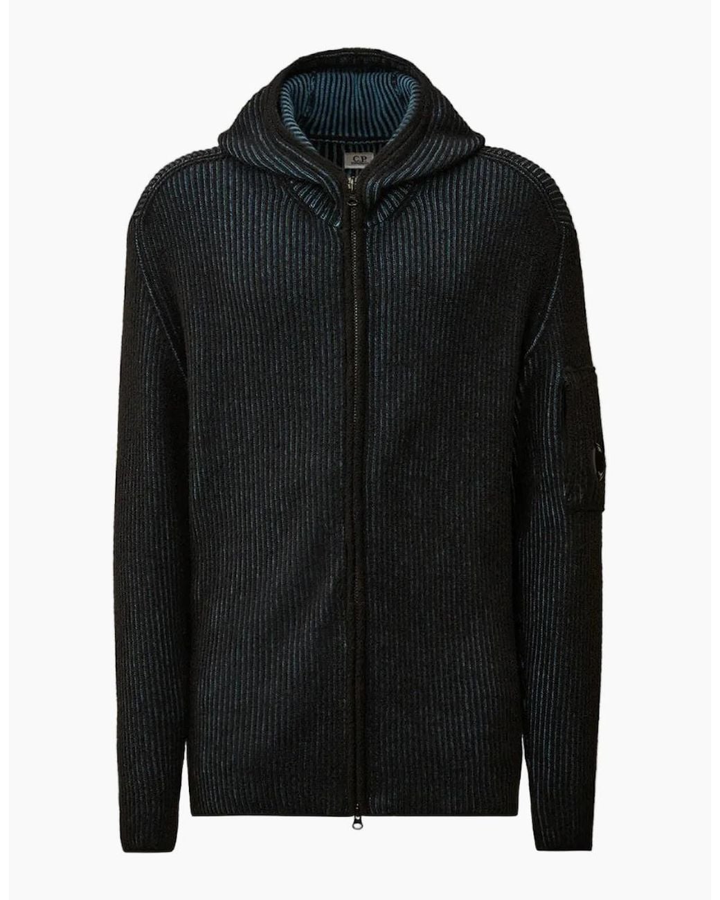 C P Company Black Fleece Knit Zip Lens Hooded Cardigan for men