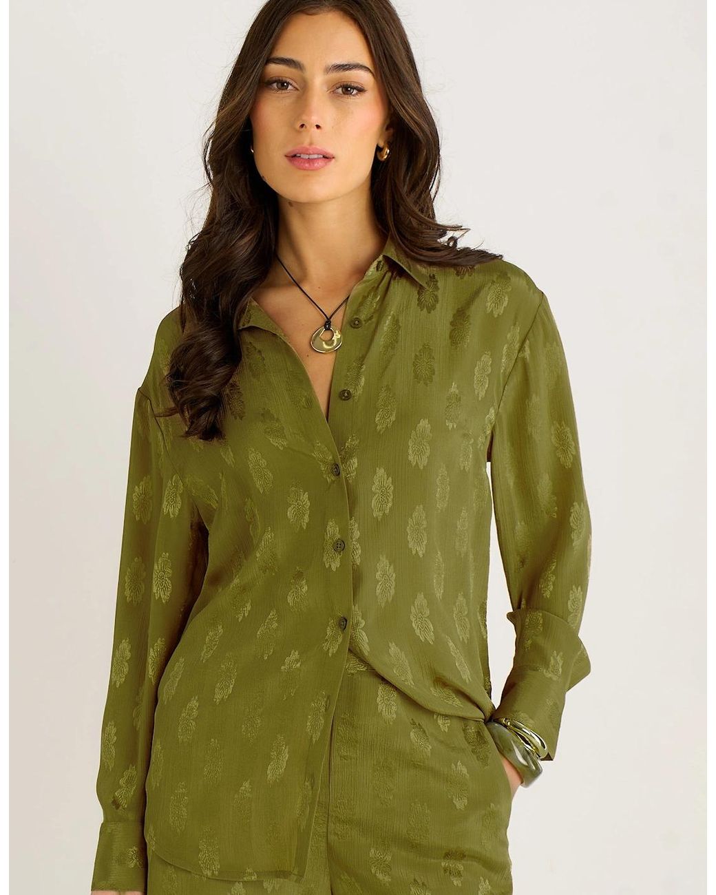 Gini London Green Khaki Floral Satin Jacquard Shirt