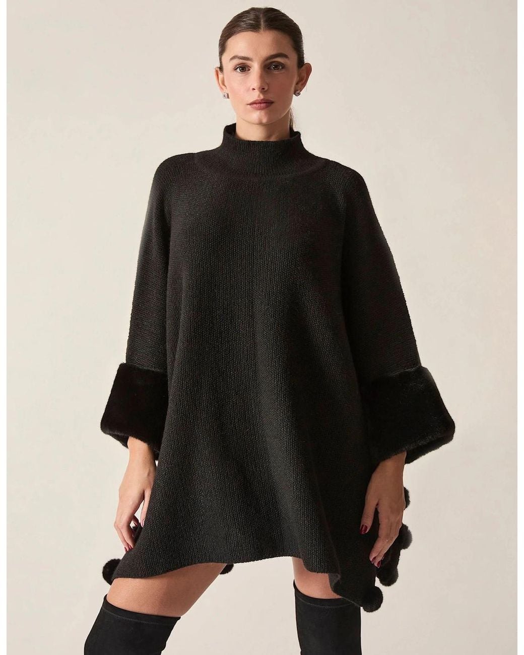 James Lakeland Black Pom Pom Faux Fur Knit Poncho