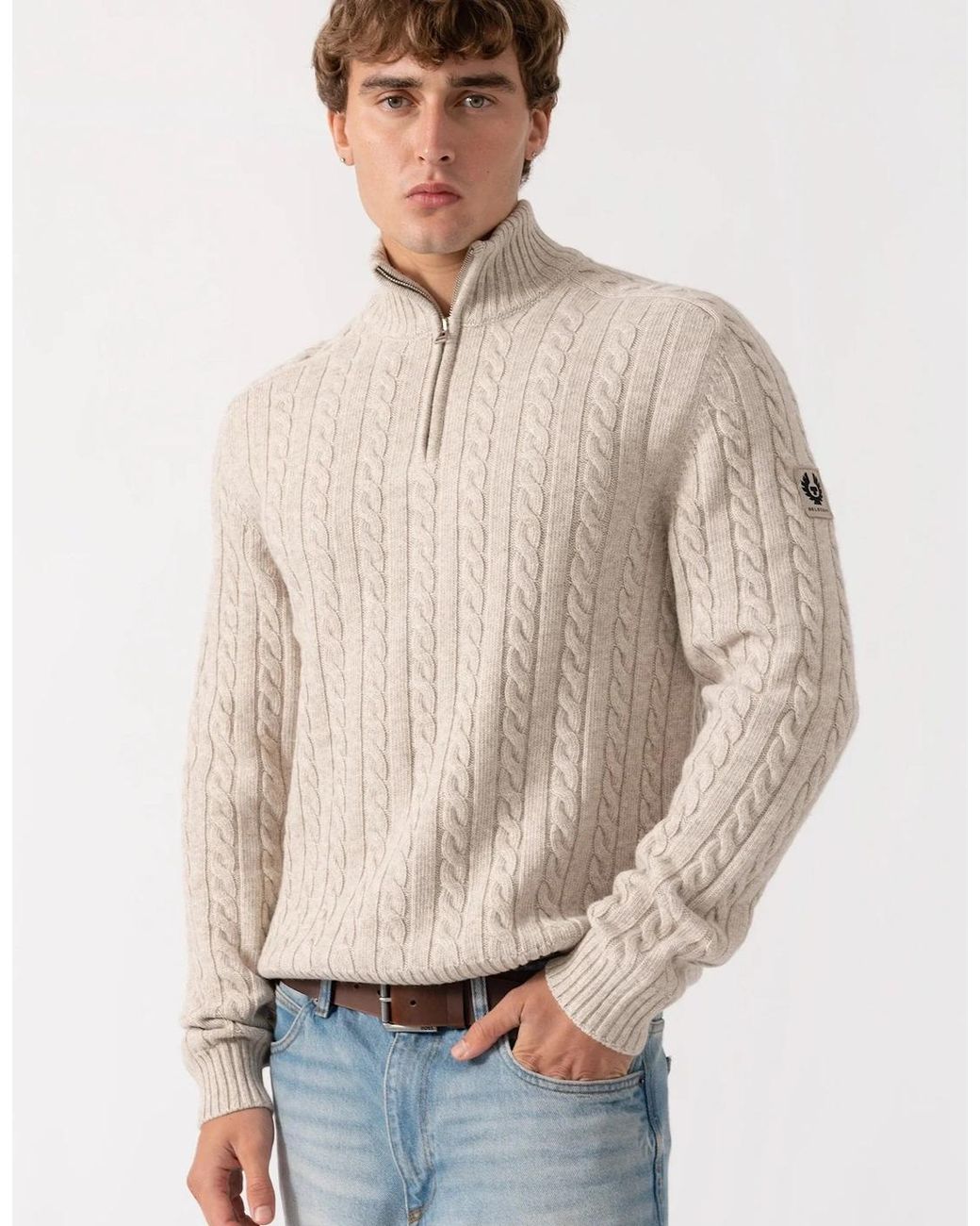 Belstaff White Westport Quarter Zip Sweater Stone for men