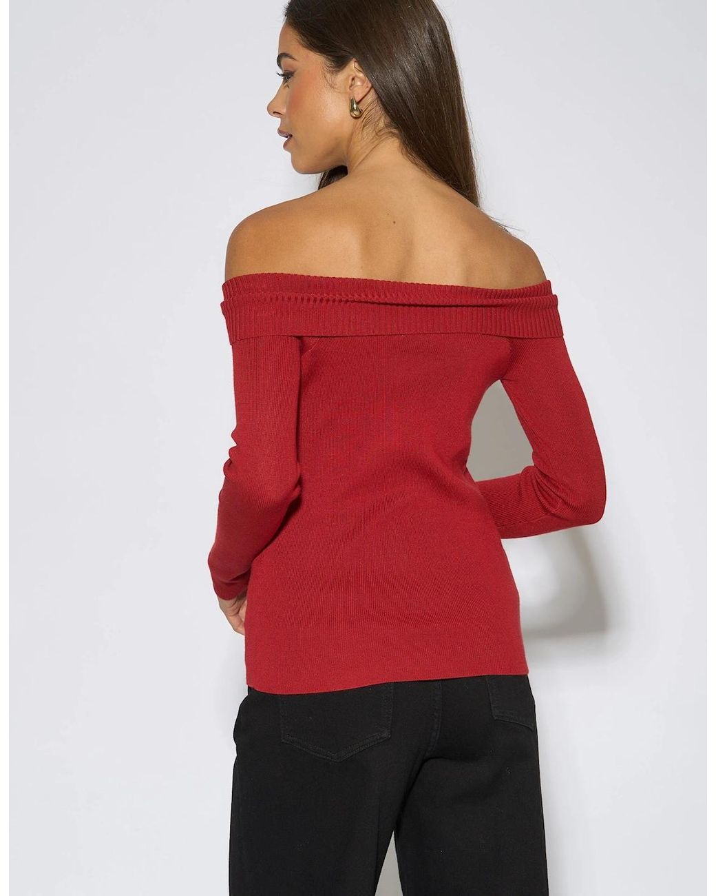 Gini London Red Bardot Button Detail Top